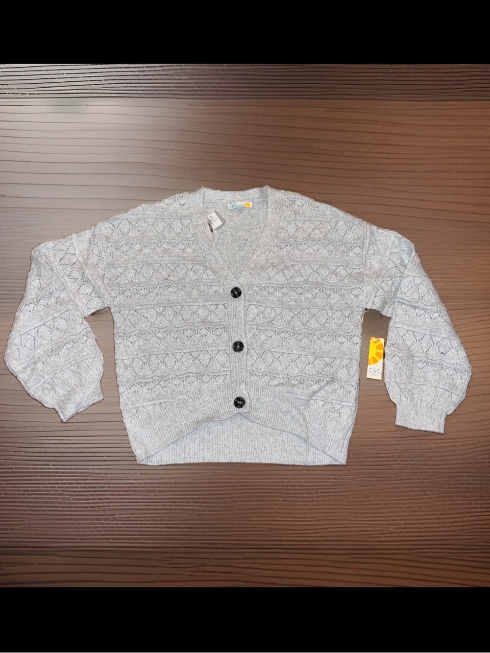 C&C California Relax Textured Knit Heather Gray Pointelle Button Front Cardiga